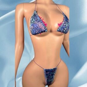 Blue Leopard Print Microkini Set, Exotic Dancewear